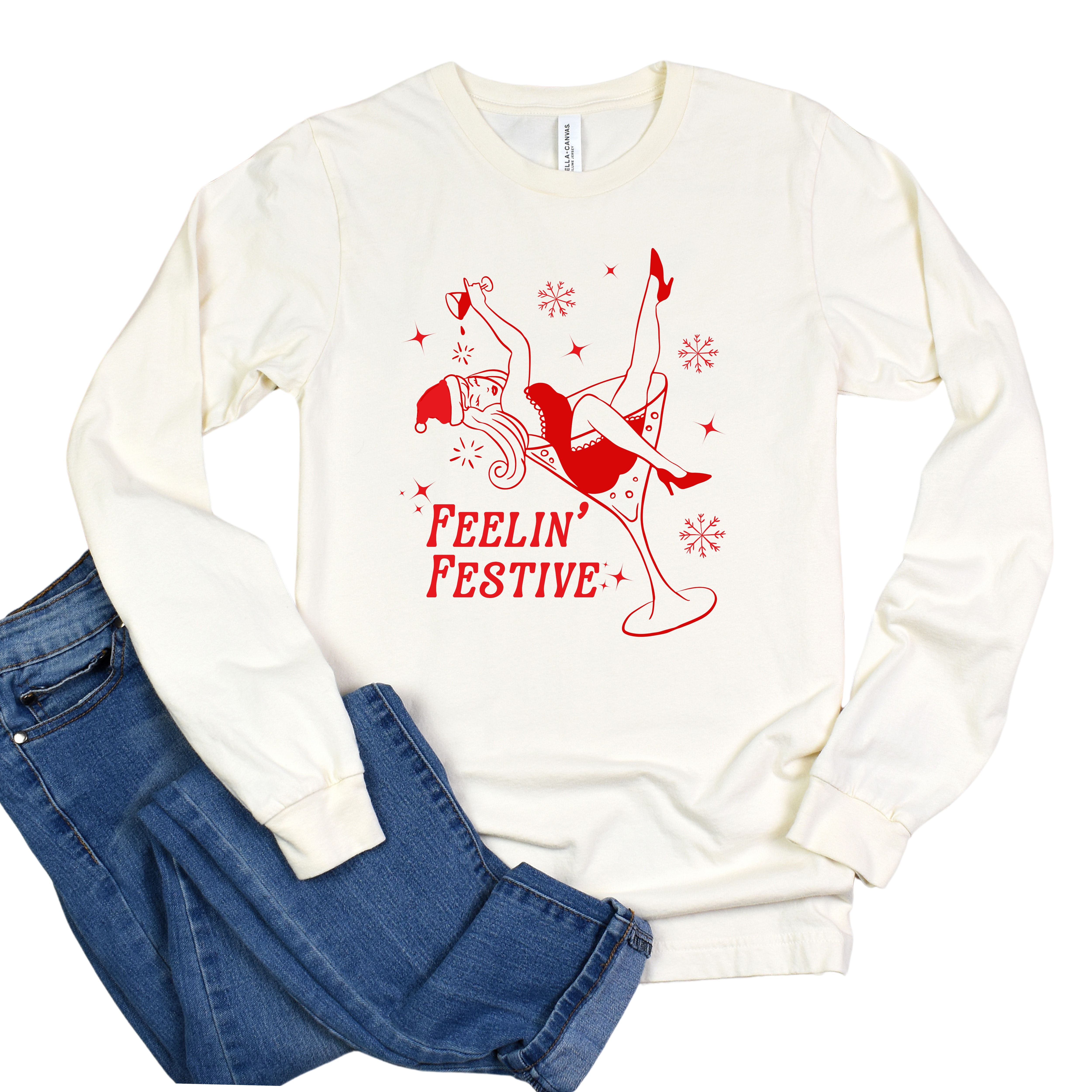 Feelin' Festive Shirt | Fun Holiday Tee with Santa Hat & Martini