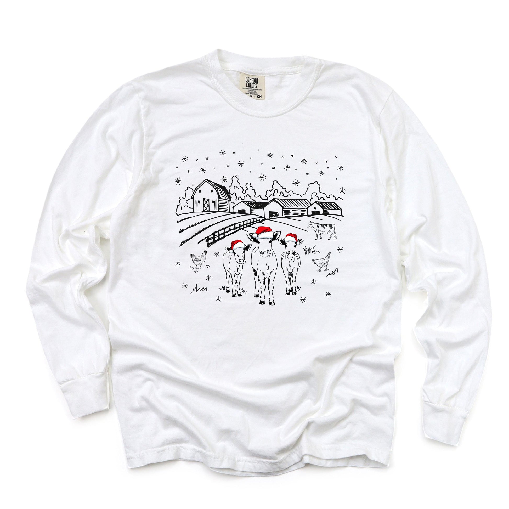 Farm Christmas Scene Shirt | Festive Holiday Tee | Cows in Santa Hats | Cozy Country Christmas Top | Cute Xmas Gift | Rustic Holiday Style