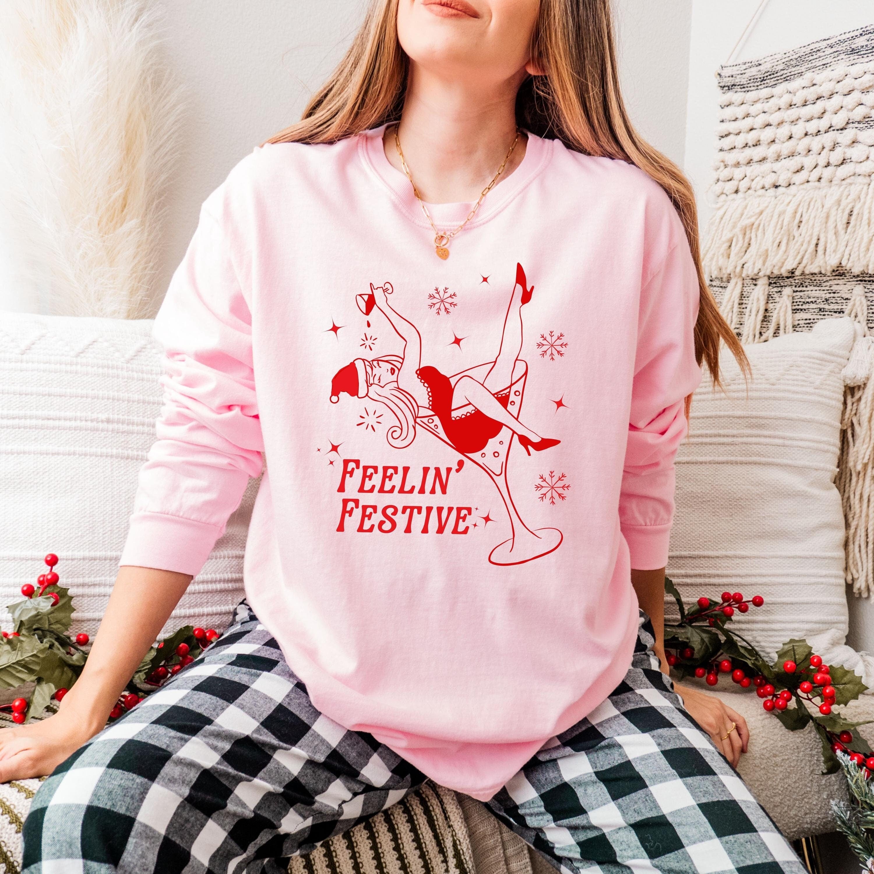 Feelin' Festive Shirt | Fun Holiday Tee with Santa Hat & Martini