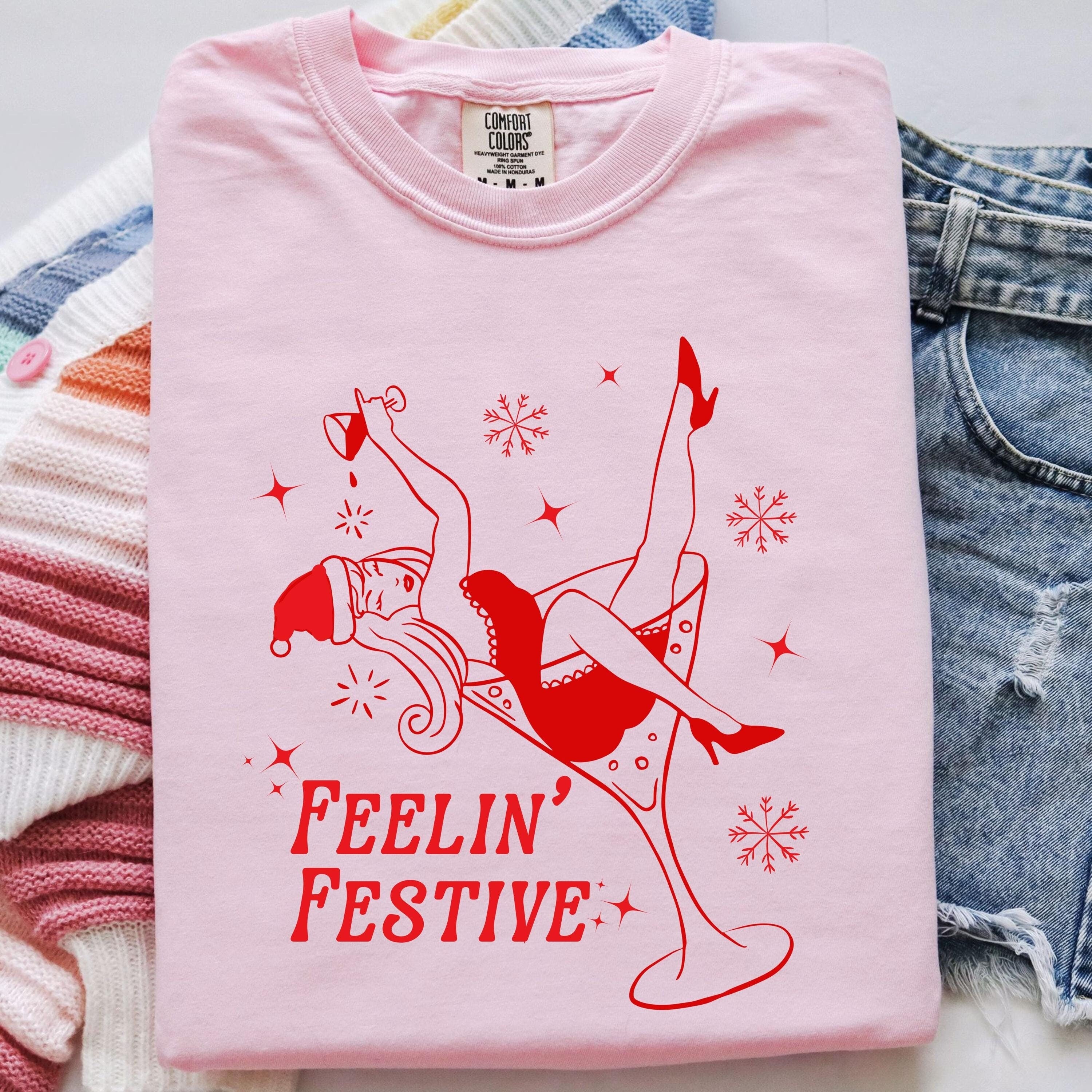 Feelin' Festive Shirt | Fun Holiday Tee with Santa Hat & Martini