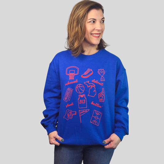 Detroit Basketball Doodle Sweatshirt | Blue Fleece Crewneck | Game Day Pullover for Fans