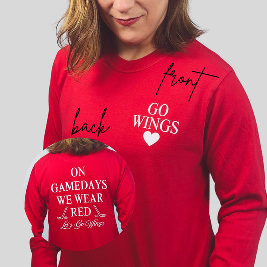 Detroit Hockey Game Day Shirt Women’s | Red Comfort Colors Long Sleeve Go Wings Tee
