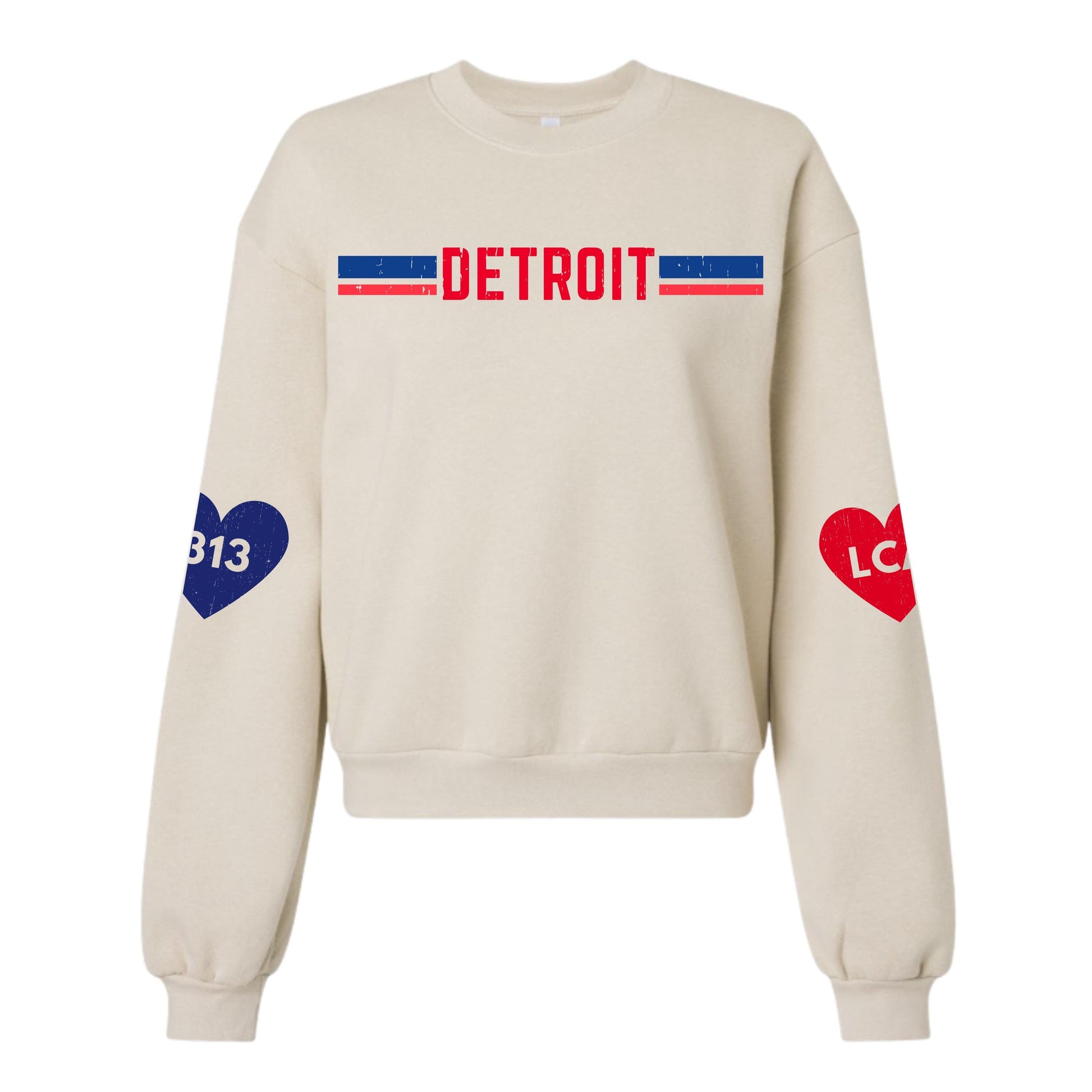 Detroit Sweatshirt for Women | Fleece Crewneck with 313 and LCA Hearts | Game Day Top
