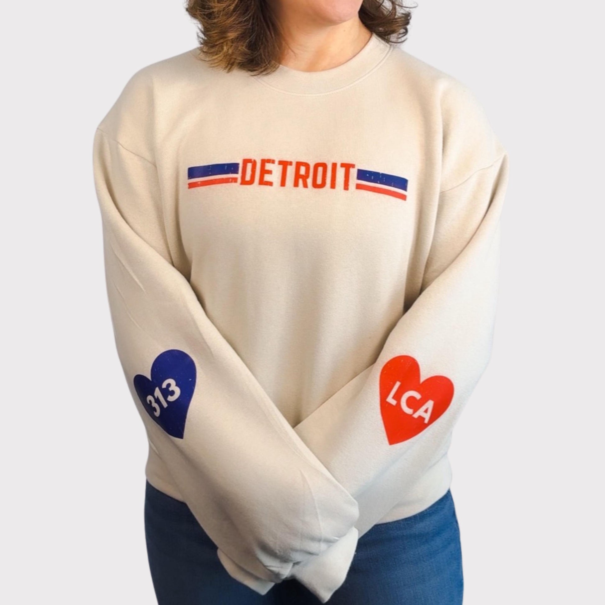 Detroit Sweatshirt for Women | Fleece Crewneck with 313 and LCA Hearts | Game Day Top