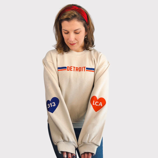 Detroit Sweatshirt for Women | Fleece Crewneck with 313 and LCA Hearts | Game Day Top