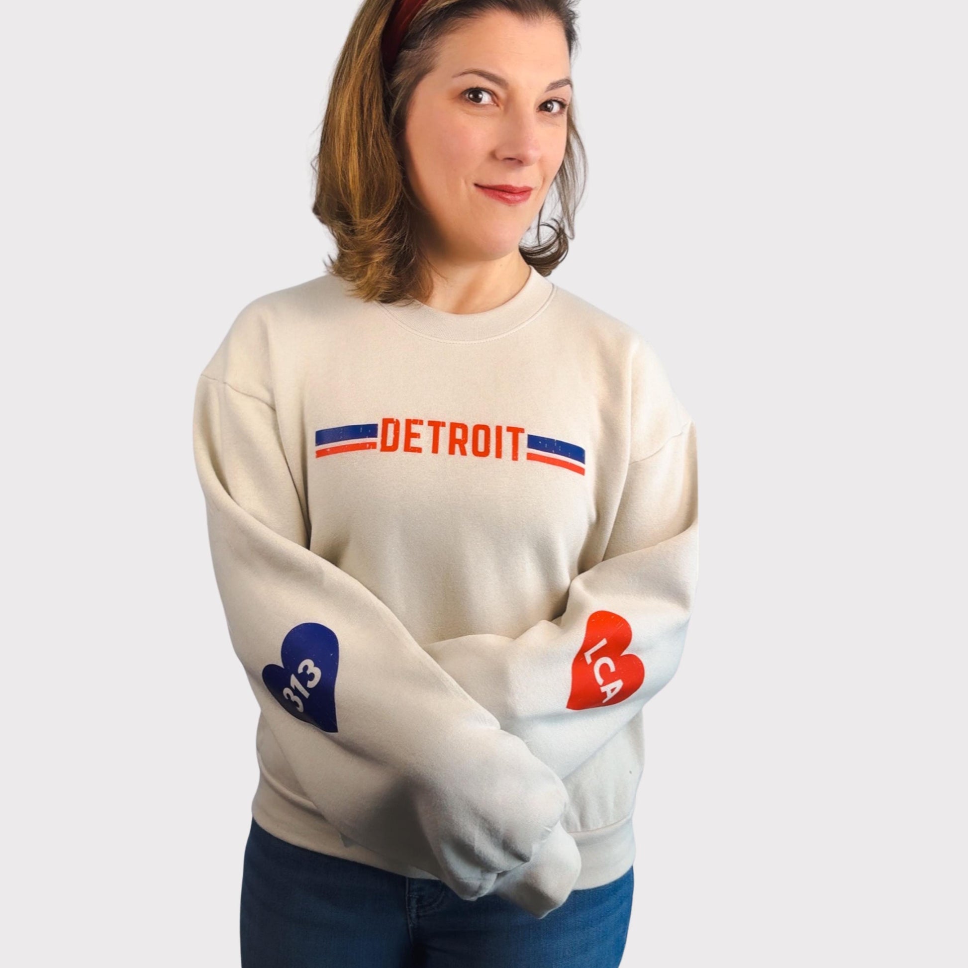 Detroit Sweatshirt for Women | Fleece Crewneck with 313 and LCA Hearts | Game Day Top